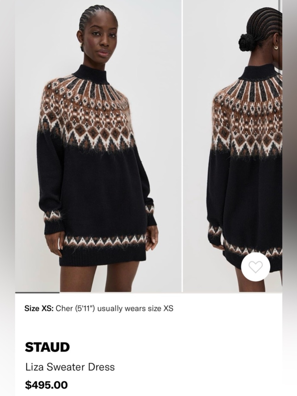STAUD Black Sweater Dress with Brown and Cream Fair Isle Yoke